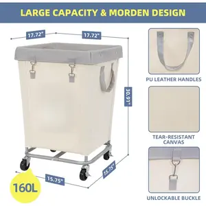 Commercial Laundry Basket, Heavy Duty Steel Frame, 160 Industrial Laundry Basket with Wheels, Suitable for Hotels, Homes, Laundry Rooms, Length 17.72inch x Width 17.72inch x Height 30.91inch , Medium Beige
