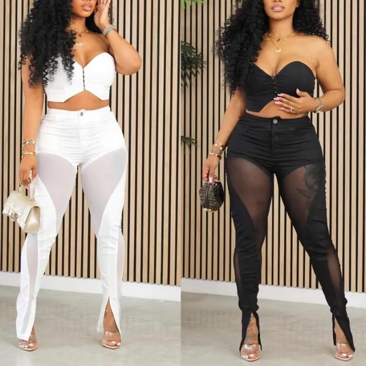 Sexy New Fashion slight stretch mesh slim strapless pants sets Womenswear