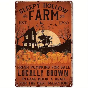 Vintage Halloween Metal Sign Featuring Pumpkin Patch and Haunted House Rustic Decor for Home and Cafes Easy to Hang Wall Art
