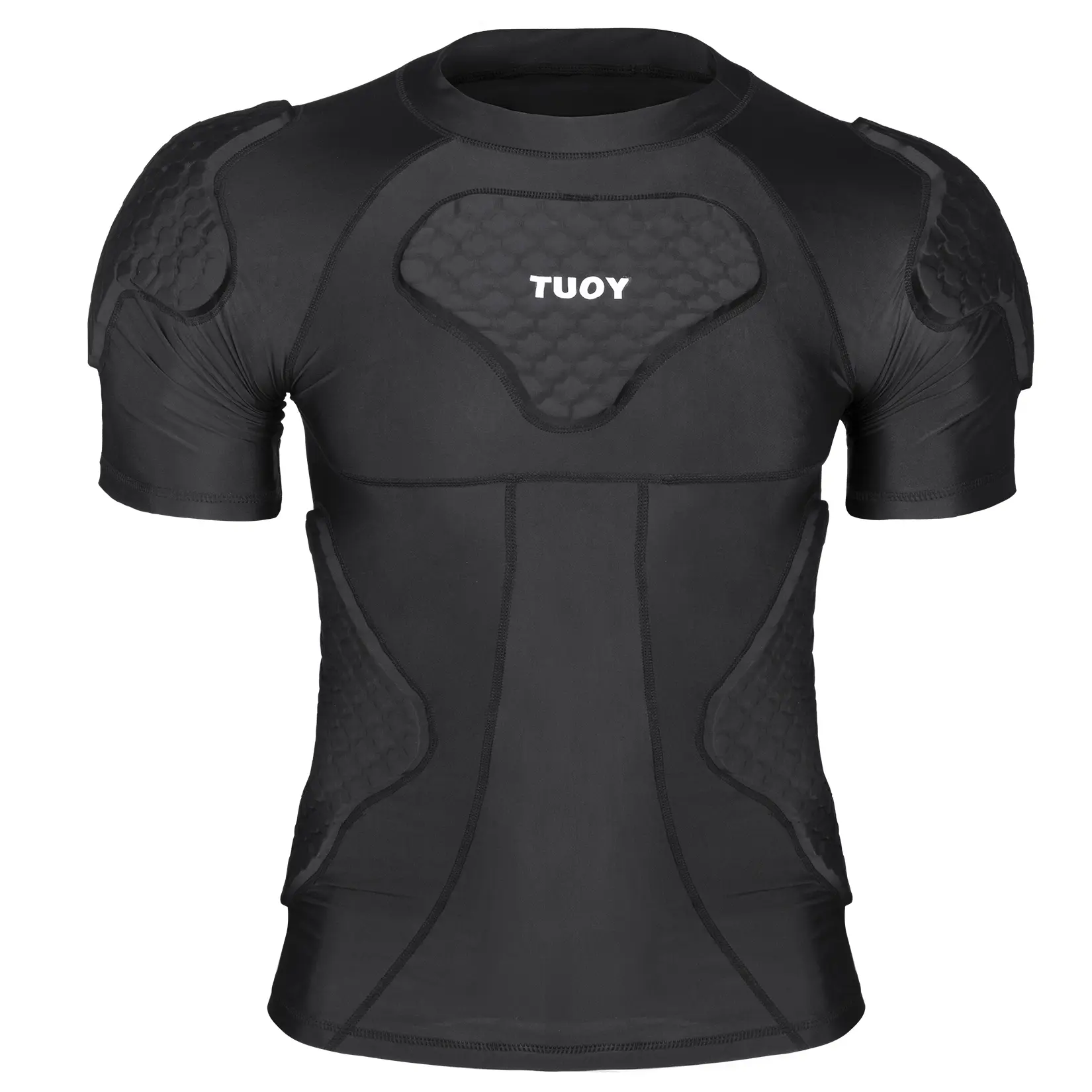 TUOY Men's Padded Compression Shirt - Breathable, Ergonomic, Flexible, High-Density EVA Foam Padding, Shoulder & Back Rib Pads, Heart Stem Guard, Chest Impact Protection - Anti-Injury Sports Gear for Football, Baseball, A Compression Shirt