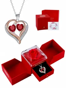 Rose Gold Heart Glow Sophisticated ruby necklace with interlocking heart design.Comes with a surprise double-door preserved rose jewelry gift box, ideal for birthdays, Mother's Day and Valentine's Day.