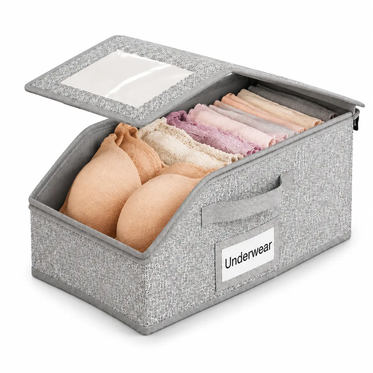Closet Organizer Storage Bin with Clear Window, Foldable Clothes Storage Box for Underwear, Bras, Socks, T-Shirts, Hats and Accessories, Bedroom Closet Organization, Under Bed Storage breathable linen fabric