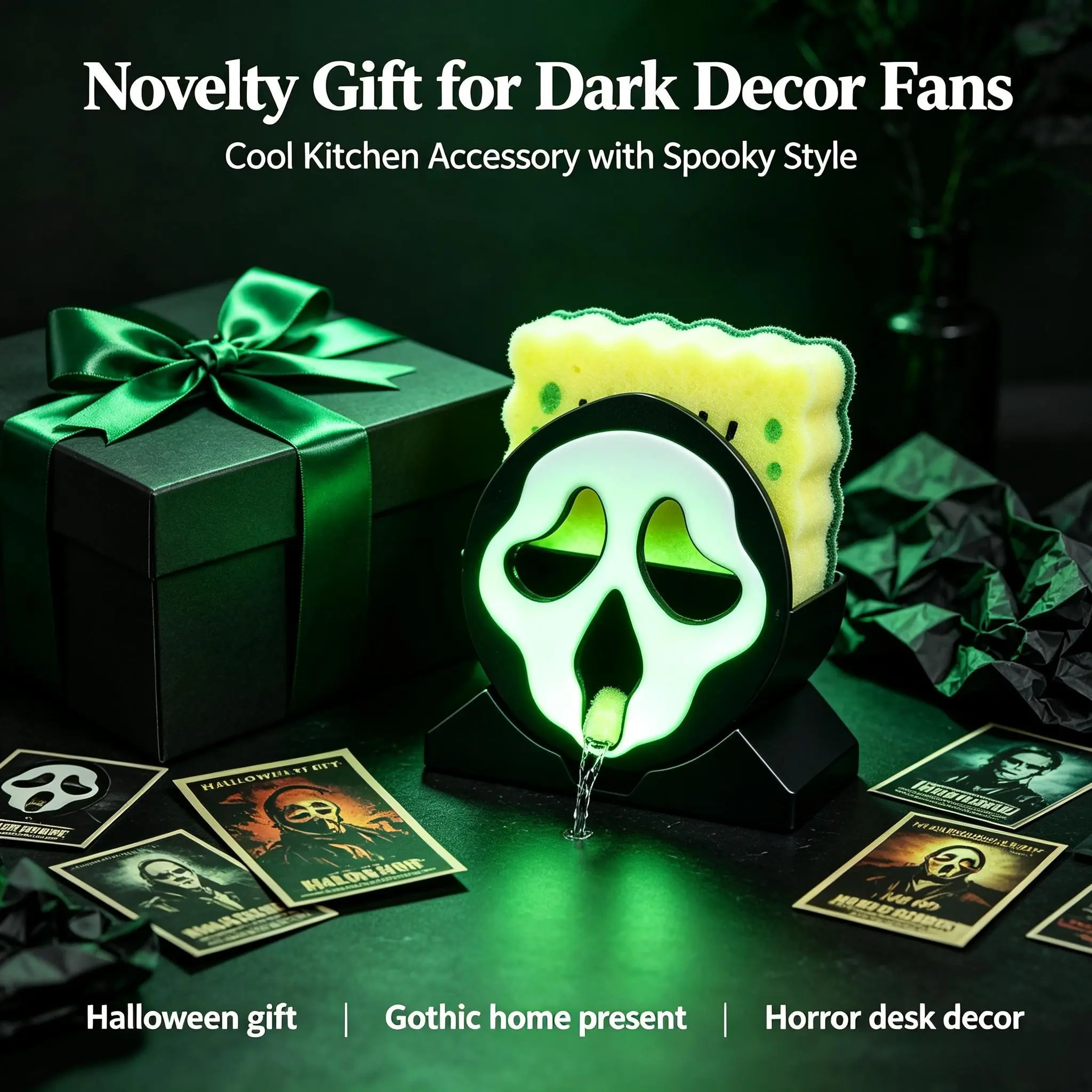 Scream Ghost Face Sponge Organiser - Smooth, Hollow, Self-Draining Kitchen Sink Sponge Storage Rack with Glow-In-Dark Panel, Decorative Gothic Countertop Decor & Halloween Ornament