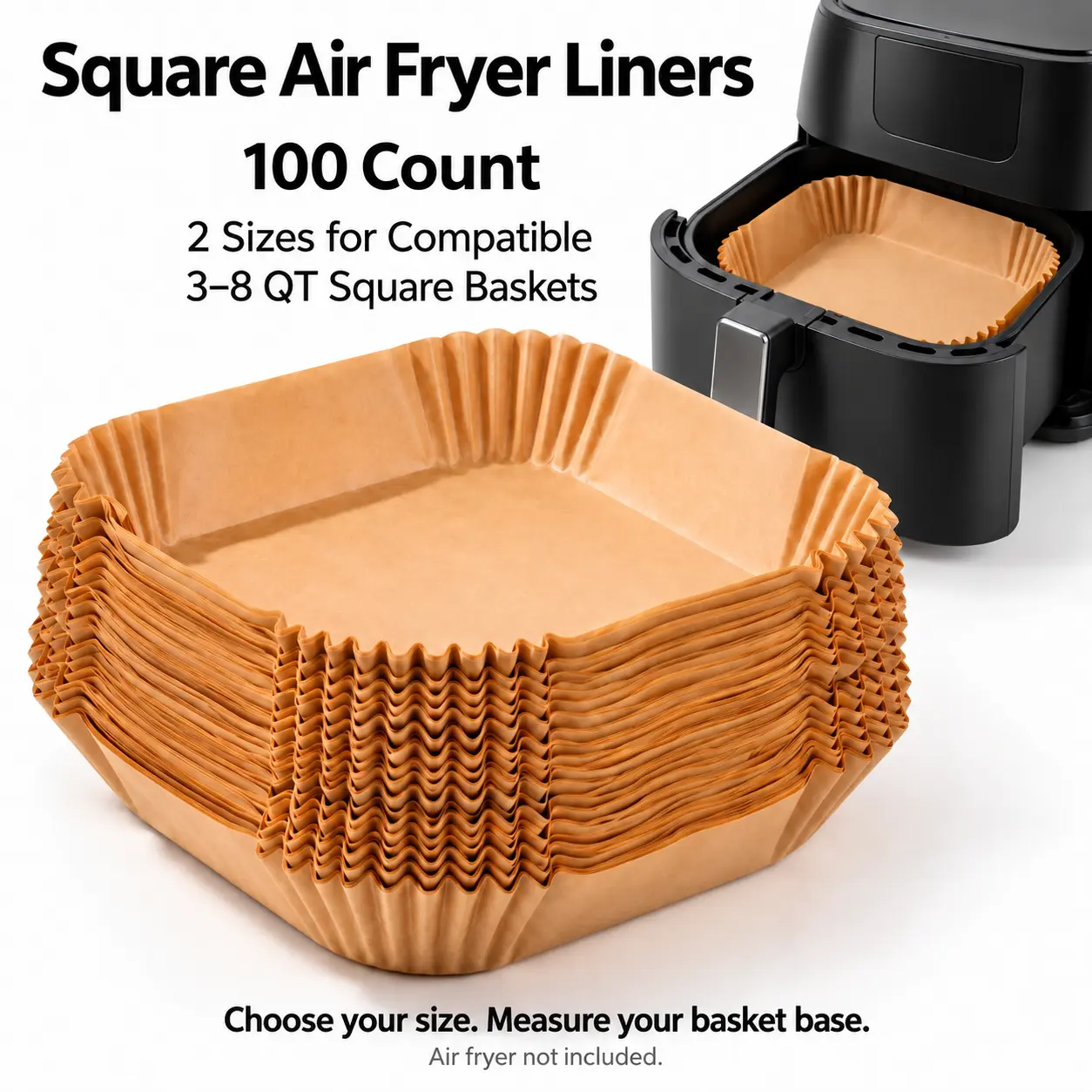 100 Count Square Air Fryer Paper Liners, Available in 6.3-inch or 8-inch Base Sizes, Brown Parchment Liners with Raised Sides, Help Capture Grease and Crumb Particles for Easier Cleanup