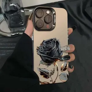 Black Gold Rose Phone Cases for iPhone 17 16 15 Pro Max Cases For iPhone 16E 11 12 13 14 Pro X XS  Silver IMD Covers Shockproof Protection Anti-Drop Protective Protector Shell Cover
