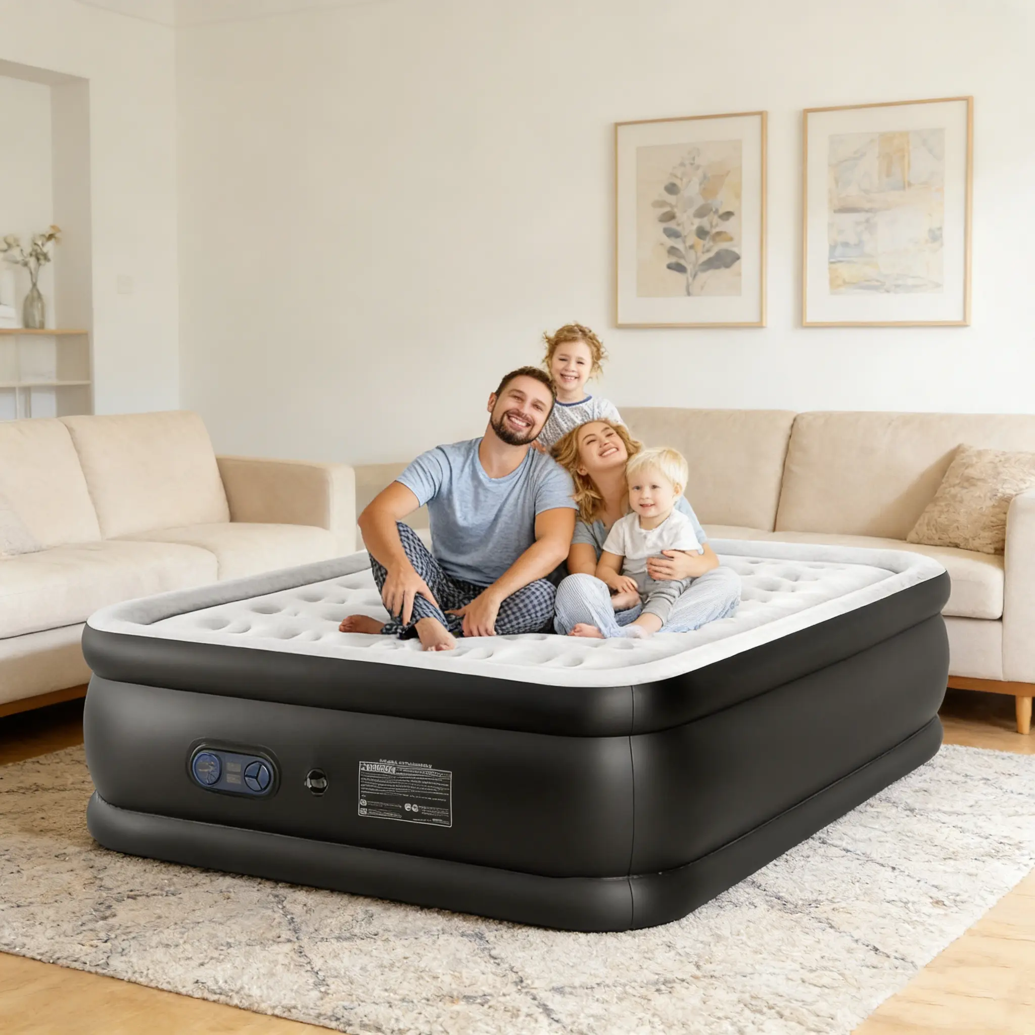 Motorized Inflatable Air Mattress with Built-in Pump, Flocked PVC Twin/Queen Bed with Non-Slip Base for Extra Stability, 660 lb Support, for Traveling, Couples & Guests, Inflatable Mattress Bed, Camping