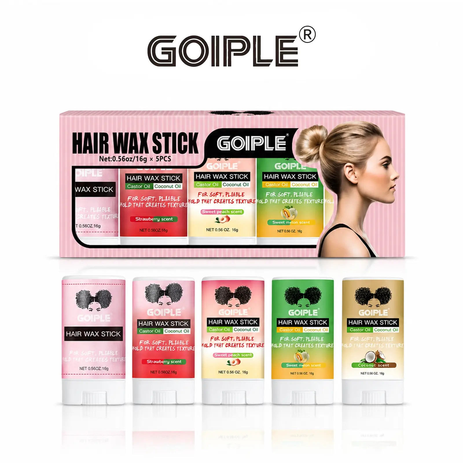 Goiple Hair Wax Stick Gift Set, 5 Scents: Floral, Strawberry, Peach, Melon & Coconut, Strong Hold & Flyaway Control, Travel Size for Women & Men