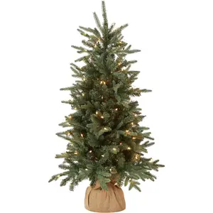 National Tree Company Pre-lit Artificial Mini Christmas Tree | Includes Small Lights and Cloth Bag Base | for Tabletop or Desk | Burlap-4 ft, 4', Green
