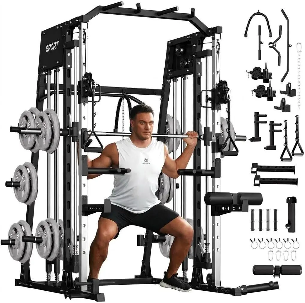 Smith Machine Home Gym All in One, 2200LBS Squat Rack Power Cage | With Smith Bar, Lat Pull-Down, Cable Systems, Leg Hold-Down and More Attachments, Workout Equipment (Red Black)