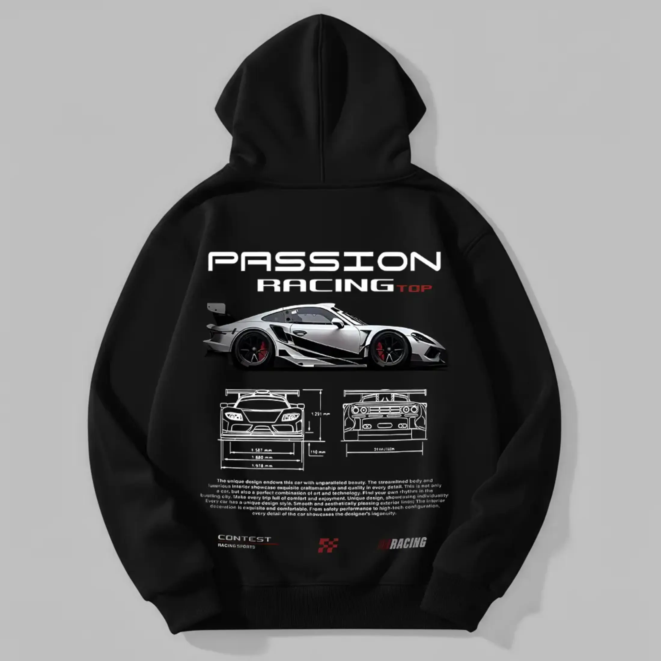 Men’s Racing Car Graphic Hoodie, Black Cotton Blend Pullover Sweatshirt with Tech Motorsport Design, Soft Breathable Long Sleeve Casual Streetwear Menswear Tops