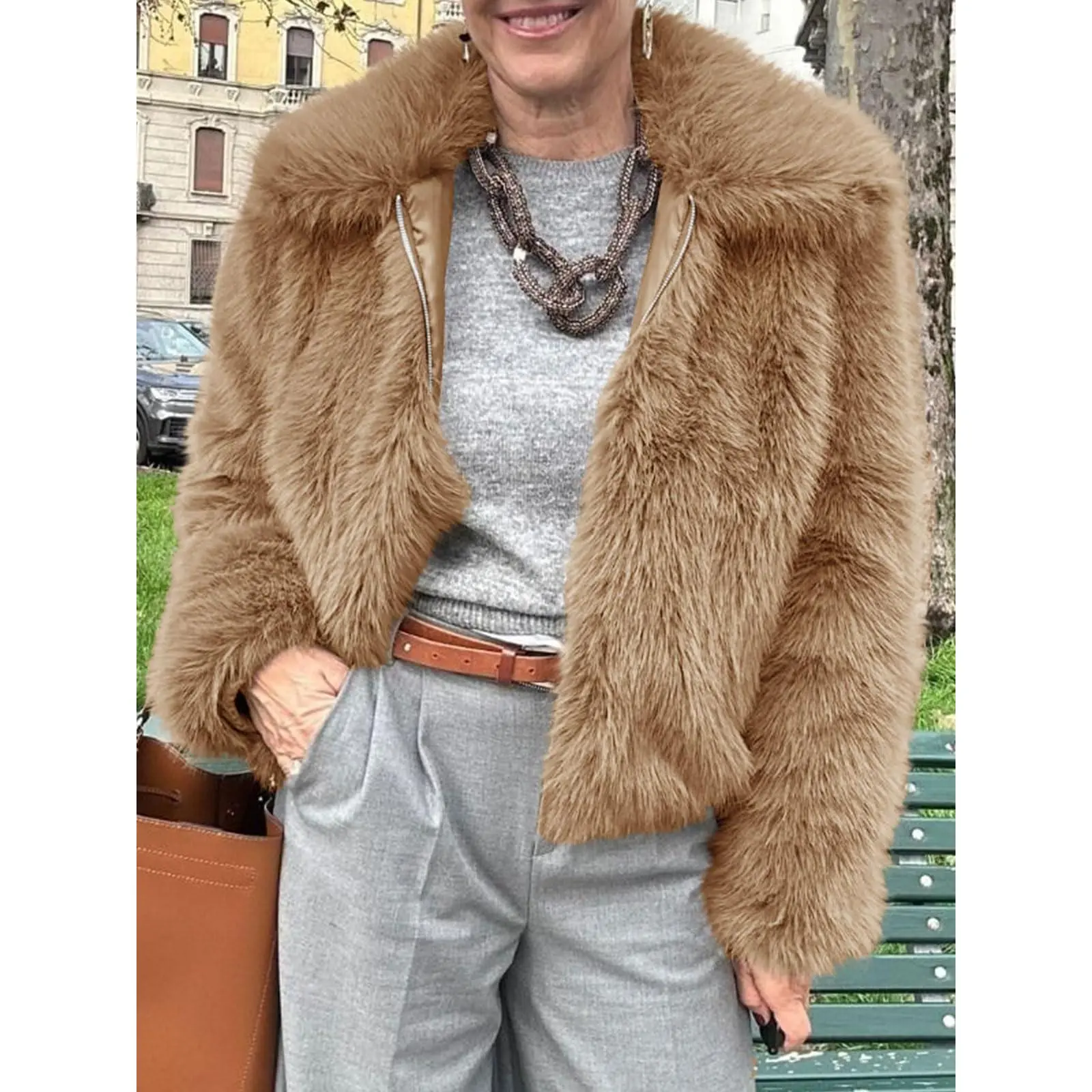 Lannew Womens Cropped Faux Fur Jacket Shaggy Lapel Zip Up Winter Coats Fuzzy Warm