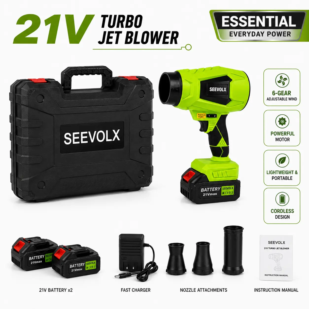 SEEVOLX 45V Cordless Turbo Jet Blower, Adjustable Variable Speed One-Button Start, Brushless Motor High Power Air Duster with 3 Nozzles, Cordless Leaf Blower for Car Drying, Snow Removal & Cleaning