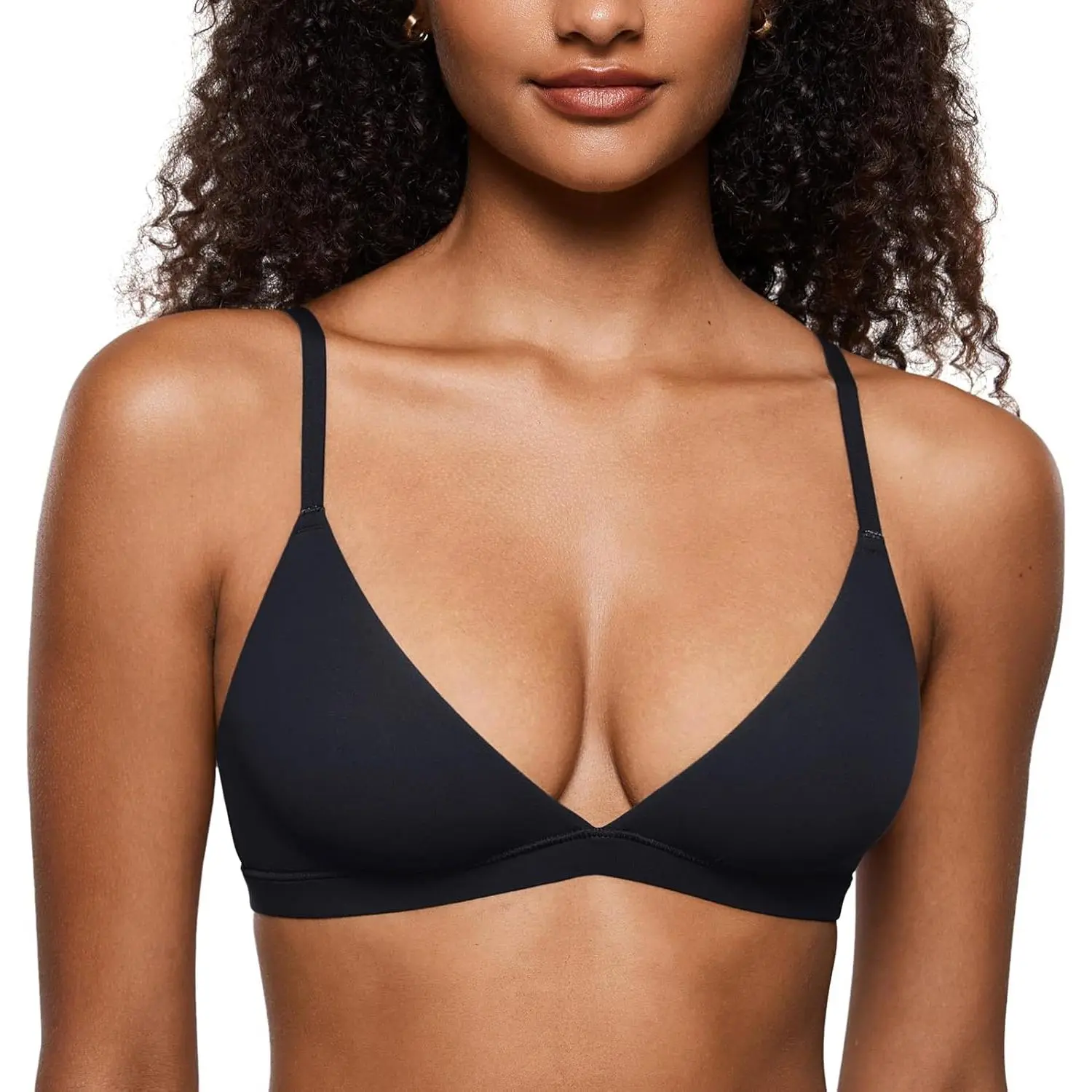 Women's Minimalist Plunge Triangle Bralette in Soft Polyamide Fabric, Unlined Wirefree Pullover with Adjustable Straps, Basic Everyday Style, Stretchy, Sexy, V-Neck, Elastane, Plain