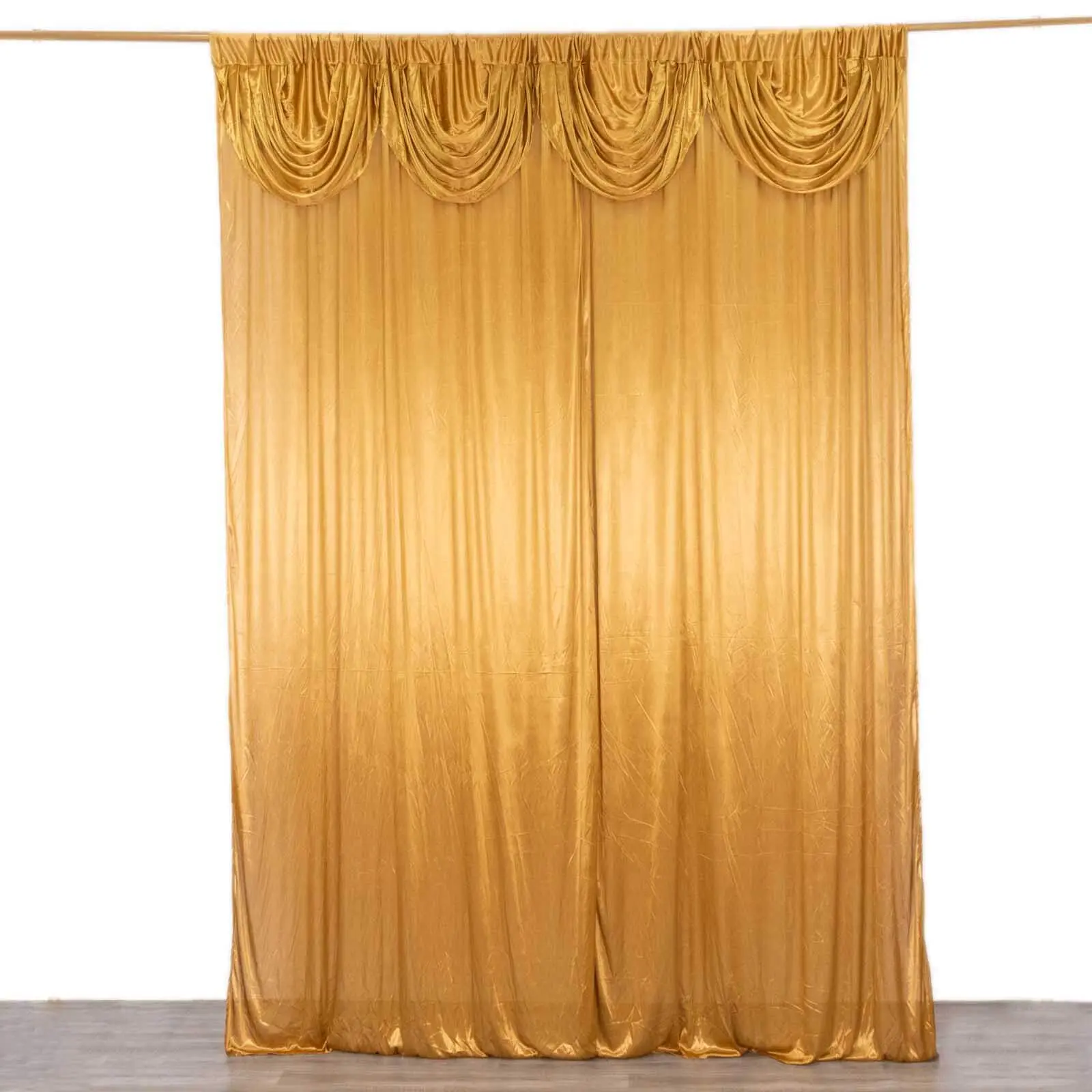 10ftx10ft Gold Double-Drape Pleated Satin Event Curtain Panels, Machine-Washable Glossy Photo Backdrop for Weddings, Anniversaries, Corporate Events, Receptions, Machine Wash
