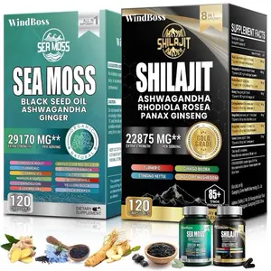 WindBoss Edible Dietary Botanical Sea Moss & Shilajit Bundle Pack - 120 Capsules Each, 29170MG Ashwagandha, Ginger, 22875MG Rhodiola Rosea, Panax Ginseng, Rich Nutrients, Natural Energy Boost Healthcare Supplement for Adults