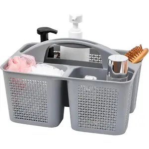 F-SBB45  Plastic Portable Shower Caddy Bucket, Cleaning Shower Basket with Handle Compartments Storage Organizer for Bathroom Kitchen College Dorm Sink, Grey Pink