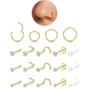 CASSIECA Gold Filled Nose Rings Studs Hoops for Women Men 20G 18G 316L Surgical Stainless Steel Hypoallergenic Dainty Simulated Diamond L Shaped/Corkscrew/Straight/Push Back Nostril Piercing Jewelry