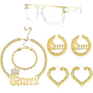 FINREZIO 7 Pcs Golden Trendy Hip Hop Jewelry Set for Women Men Rapper DJ Accessories 80s/90s Queen Costume Kit Sunglasses Bamboo Hoop Earrings Cuban Chain Necklace Bracelet
