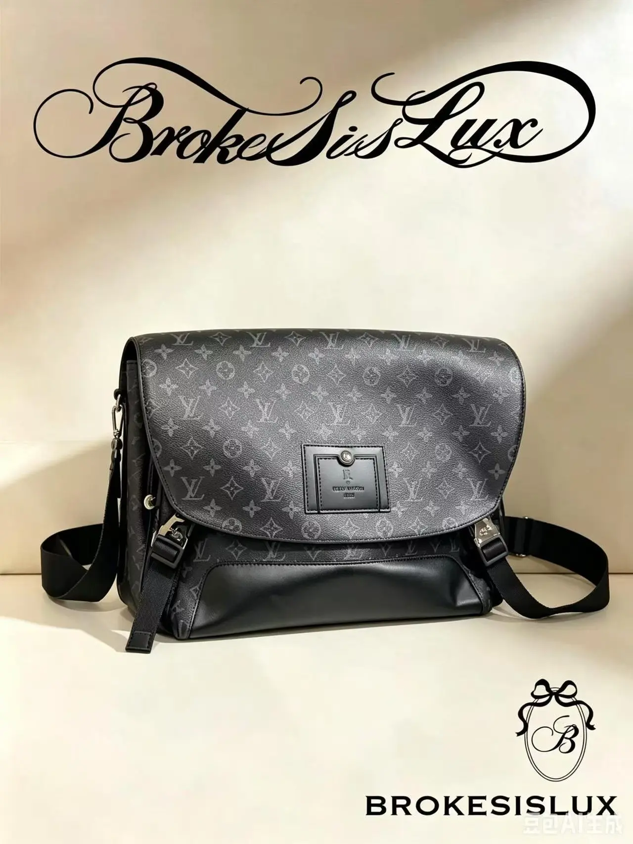 Pre-owned Louis Vuitton Monogram Eclipse Flap Messenger Crossbody Bag, Black Grey Monogram Coated Canvas, Smooth Calfskin Reinforcement, Adjustable Nylon Shoulder Strap