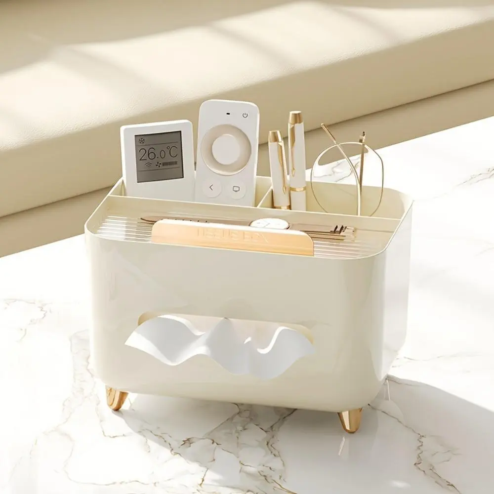 Desktop Tissue Storage Box, 1 Count Multifunctional Desktop Storage Box with Remote Control Holder, Home Organizer Storage Container for Living Room Bedroom