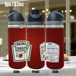 1pc 32oz Stainless Steel Insulated Mug. Disguised as a ketchup dispenser, this portable mug features a handle and spout, perfect for outdoor, indoor, or gym use. A personalized birthday/holiday gift