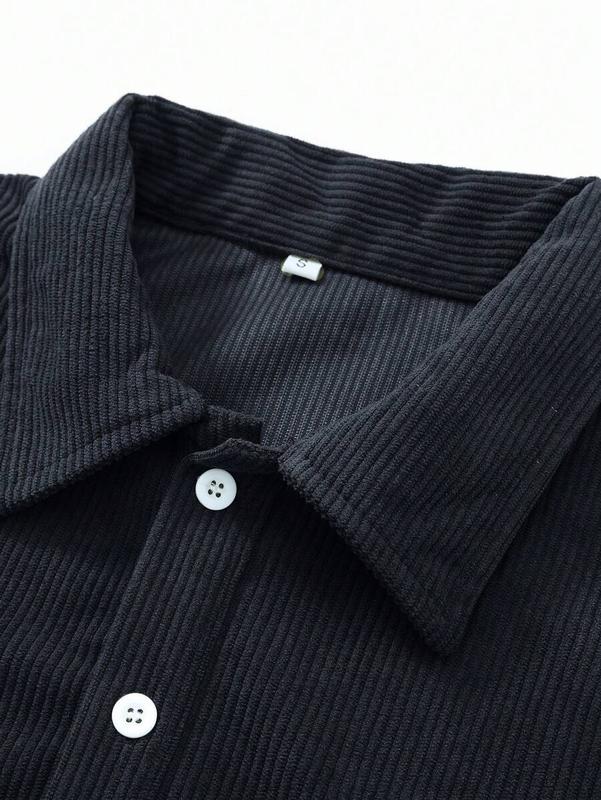 Black Corduroy Turndown Collar Long Sleeve Polo Shirt For Men, Loose Fit Casual Pullover Top, Spring/Autumn