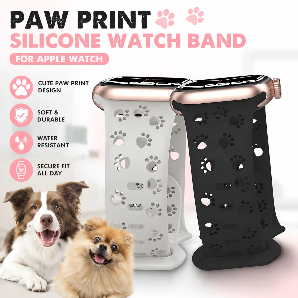 Paw Print Silicone Watch Band, Cute Dog Paw Pattern Sport Strap, Soft Waterproof Adjustable Replacement Wristband Compatible with Apple Watch Ultra 3/2 & Series 11–3, Men Women