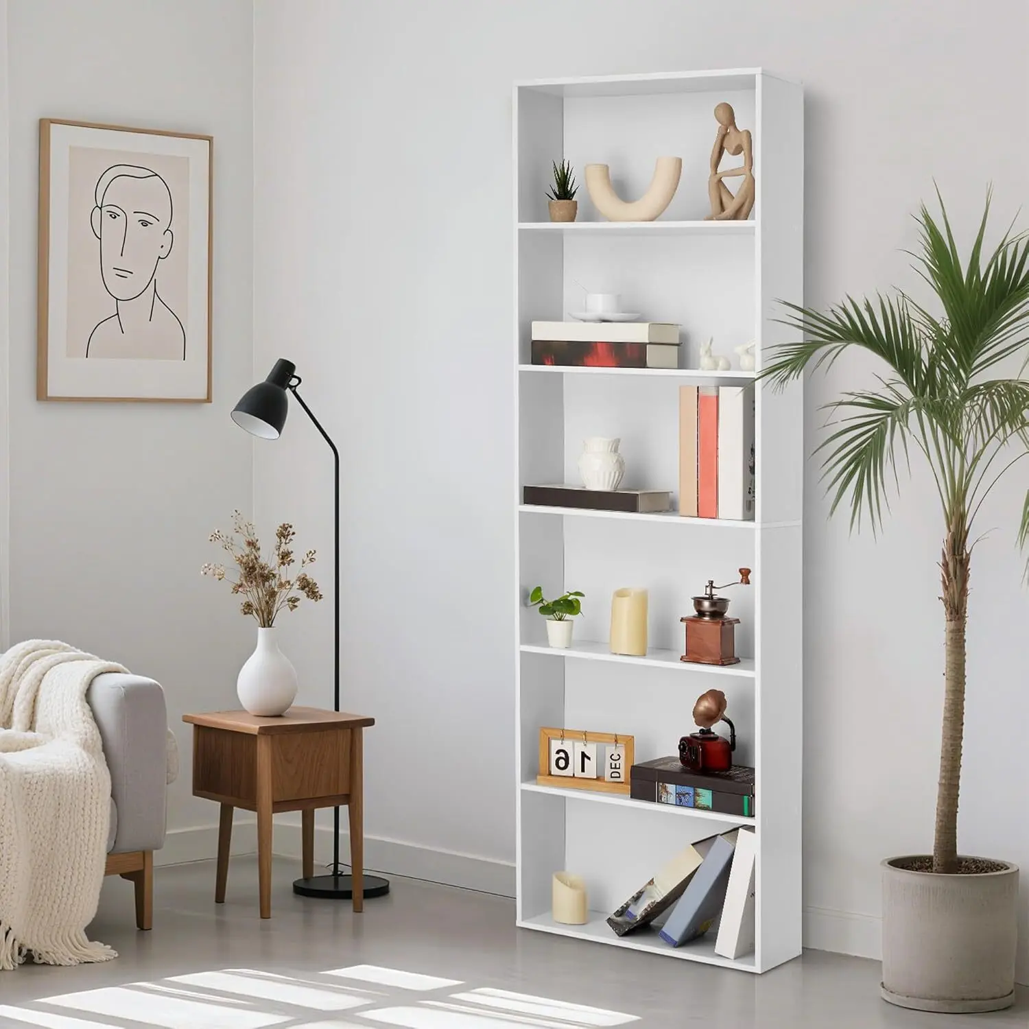 Gaomon Industrial 6-Shelf Bookshelf - 71in Tall Rustic High-Density Particleboard Unit, 250 Lb Total Capacity (35 Lb Per Shelf), Simple Set-Up, Wall Anchor for Home Office Storage Organization, Room Storage - White