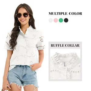 Funlingo Women's Summer Tops Dressy Casual Short Sleeve Lace Hollow Eyelet Ruffle Blouses Embroidered Button Down Shirt Soft Cotton Feel Multiple Color