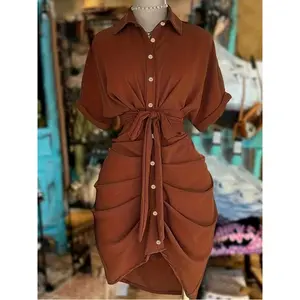 Button-collar, single-breasted, waist-tied, short-sleeved shirt dress
