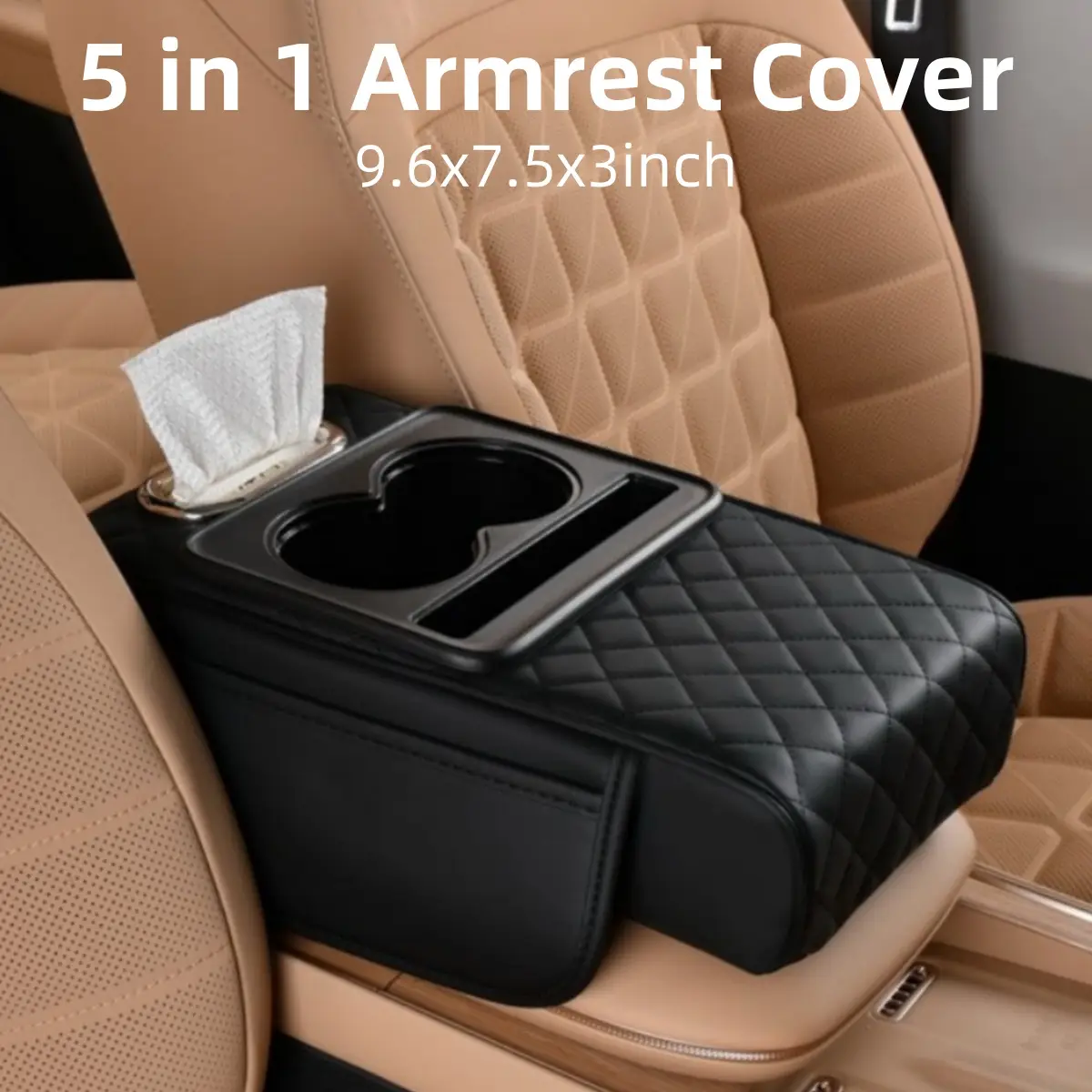 5 in 1 3" Thickening Car Armrest Cushion with Cup Holder Phone Mount Storage Bags Tissue Box Slot, Memory Cotton Leather Center Console Cover, Multifu