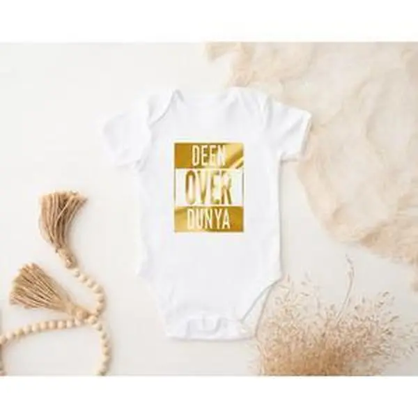 GOLD Deen Over Dunya Onesie by Humraha | Desi Arab Muslim Fashion Apparel Gifts for Ramadan Eid Nikkah Wedding Couples Families New Moms Aunts Uncles Grandparents | Pakistan India Bangladesh Palestine Lebanon Egypt Syria