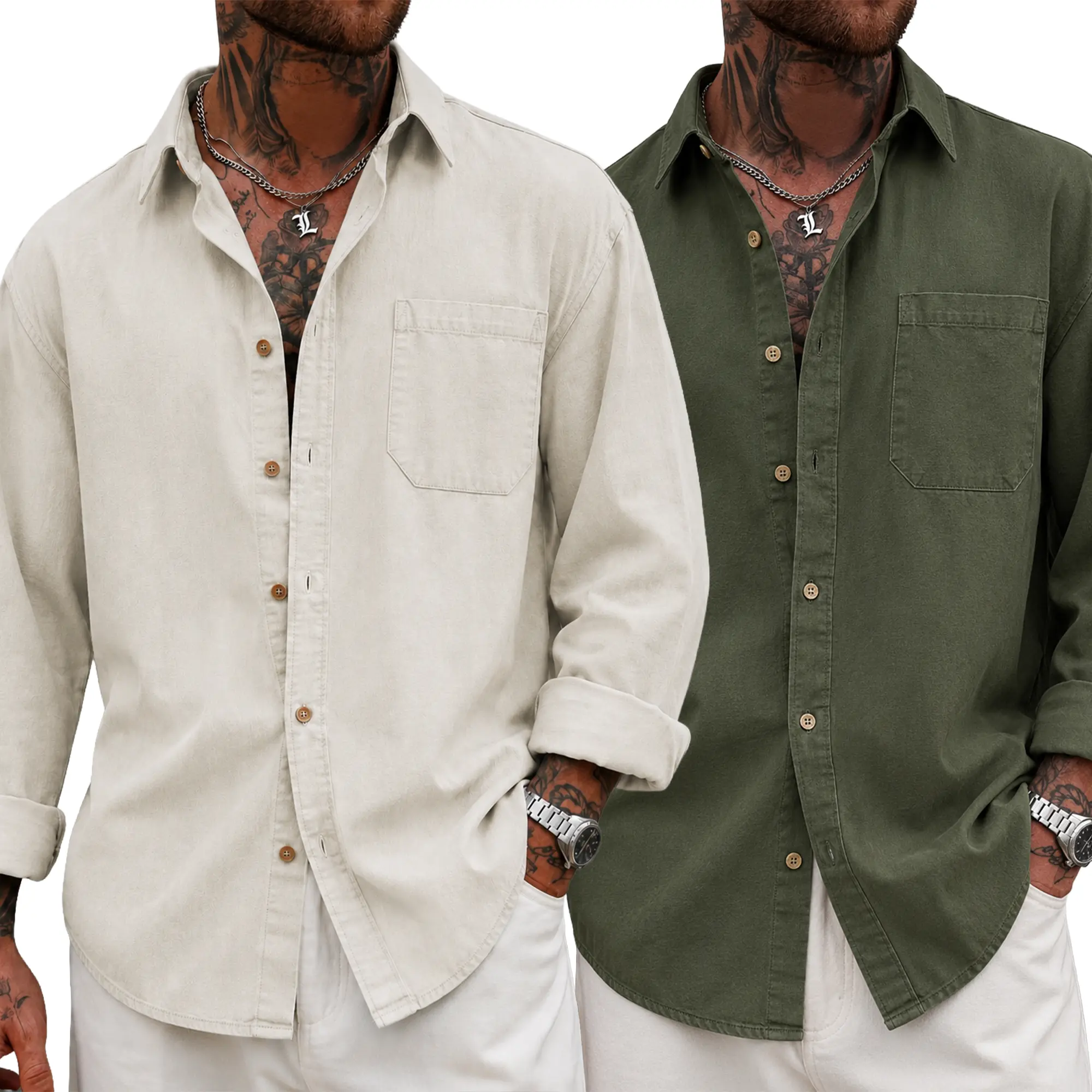 Men's 2 Pack Cotton Shirts for Casual Wear, Classic Plain Button Down Tops with Full Sleeves, Soft Garment Washed Fabric, Breathable, Cargo Pants