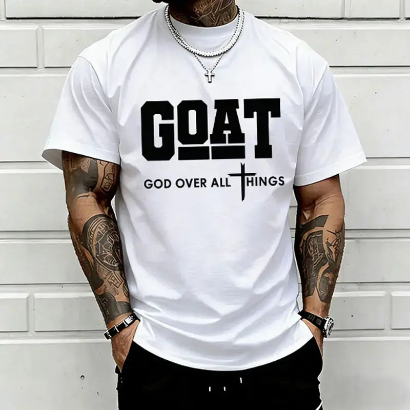 “God Over All” graphic T-shirt for men, 100% cotton, breathable loose streetwear short sleeve, urban faith style casual tee for everyday outdoor wear — trendy Christian casual top, short sleeve, menswear, T-shirt, crew neck, TikTok Shop Spring Glow Up. Cl