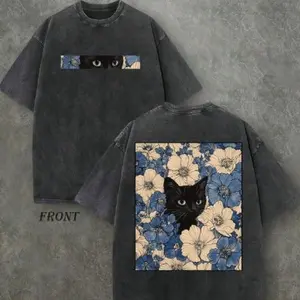 Retro Washed T-Shirt Double Sided Printed (230 Pure Cotton T-Shirt) 'Cat In The Flowers'  Cat And Flowers Pattern Print, Mens TShirt, Mens Shirt Casual, Comfortable, Fashionable T-Shirt, Street Style Cotton