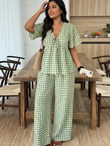 Women's Plus Size Two-Piece Set, Summer New European Style, Elegant Casual, Plaid Check Tie Short Sleeve Shirt and Wide Leg Pants