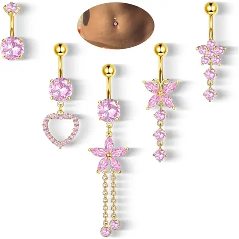 Women's 14G Hypoallergenic Surgical Steel Dangle Belly Button Rings 5-Pack - 1.6mm 10mm Barbell Length, CZ Paved Heart Butterfly Flower Designs, Classic Casual Bling Accessory for Birthdays Anniversary