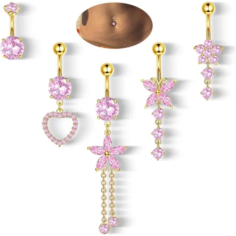 Women's 14G Hypoallergenic Surgical Steel Dangle Belly Button Rings 5-Pack - 1.6mm 10mm Barbell Length, CZ Paved Heart Butterfly Flower Designs, Classic Casual Bling Accessory for Birthdays Anniversary