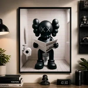 Funny Kaws Wall Art Poster |   Hypebeast Toy Sitting on Toilet Canvas for Modern Room Decor