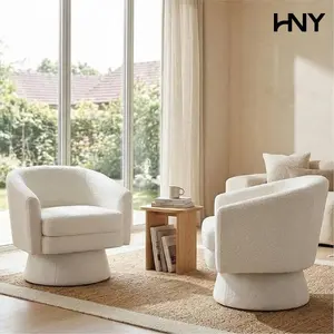 HNY Modern Swivel Accent Chairs (Set of 1) – White Boucle Sherpa Round Back Barrel Armchairs for Living Room, Bedroom, Vanity, Lounge & Reading