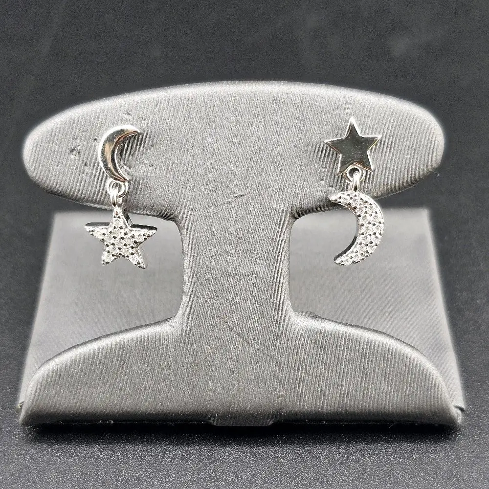 Moissanite Moon and Star Design Silver Earrings