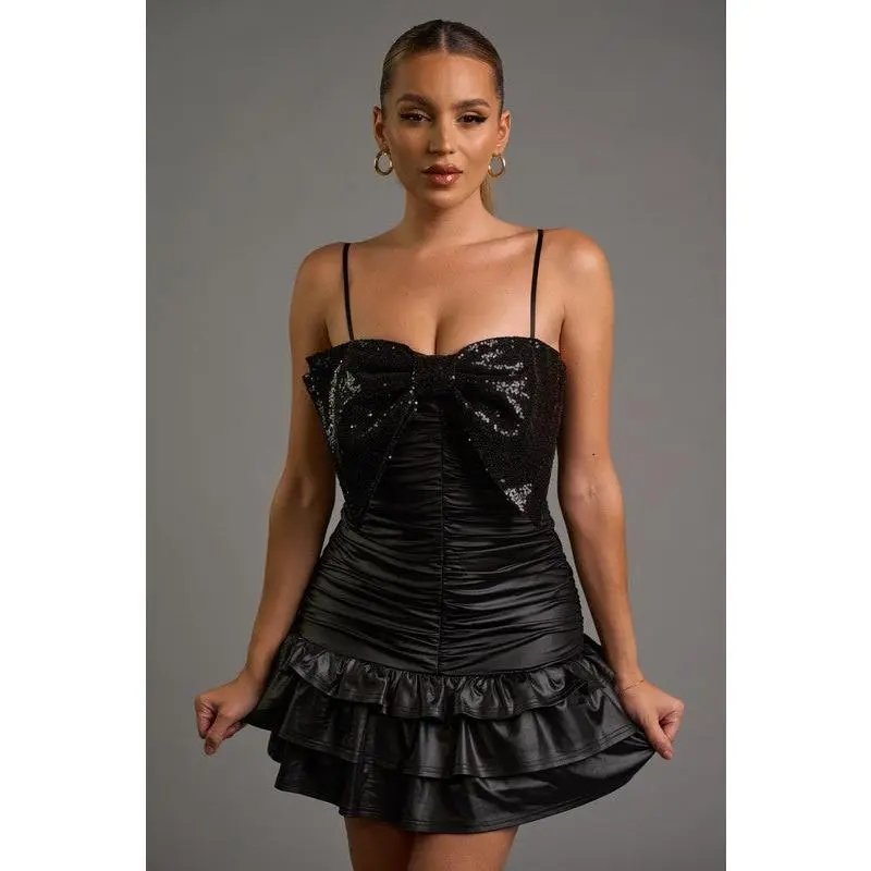Luxe Sequins Big Bow Ruched Ruffled Hem Mini Dress