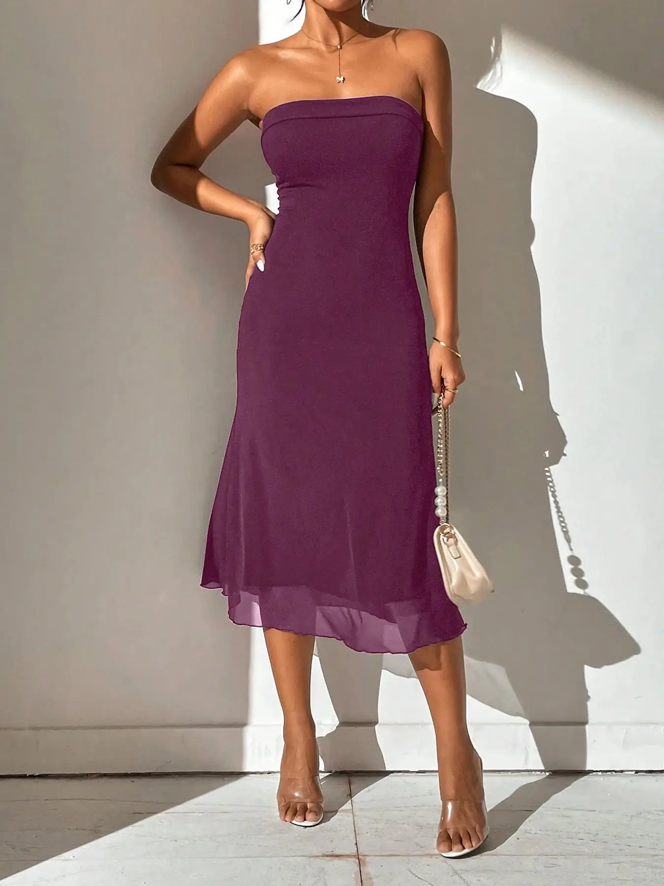 Women's Purple Strapless Midi Dress - Satin-Like Smooth Bodycon Loose  Formal Wear Elegance Cocktail Dress Valentine's Day - TikTok Shop