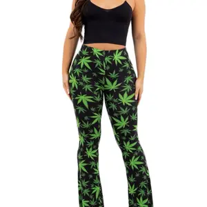 Cloud 9 Flare Pants Green Leaf Pattern on Black Background Women's Fashion Wear
