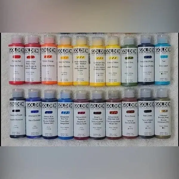 Golden Brand New Lot of 20 Never Opened 4 fl oz Acrylic Paint Bottles with Assorted Colors Including Pyrrole Red Cadmium Yellow and Ultramarine Blue