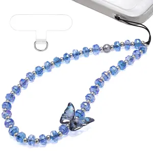 TRBR Blue Butterfly Phone Charm Wrist Strap, Crystal Glass Beaded Lanyard Wristlet Chain, Anti-Theft & Hands-Free Bracelet Strap for iPhone & More Cell Phone Cases