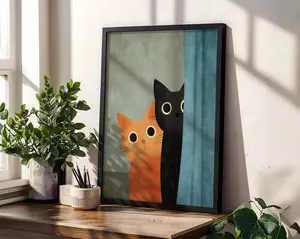 Peeking Cats Bathroom Print, Minimalist Cat Art, Funny Animal Poster, Orange and Black Cat, Quirky Home Decor, Cat Lover Gift, Simple Art