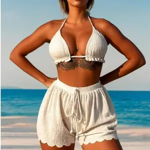 Women's 2026 New White Halter 2-Piece Bikini Set - Ruffled, Scallop Trim, High-Waisted Cover-Up Shorts, Nylon Blend Fabric, Quick-Drying, Adjustable Necktie, Multi-Size Summer Beach Swimwear