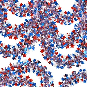 3 Pack Total 50 Ft Patriotic Tinsel Garland 250th Anniversary 4th of July Decorations Red White Blue Metallic Glitter Stars Garland Memorial Day,National Independence Day Decor,16.6Ft by 4.7 Inch Each