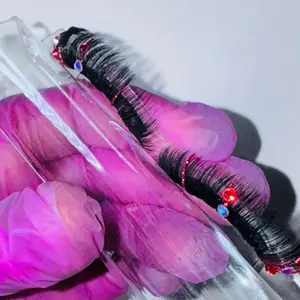 Scarlet Russian Style Lashes Eyelashes Bright Red Hue with Glitter and Rhinestone Decal for Bold Look Strip Lashes - Makeup